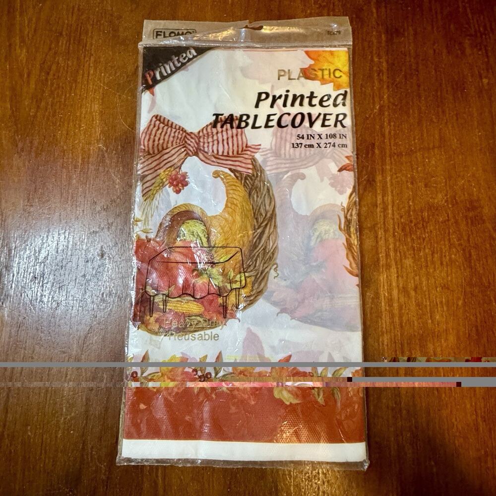 Vintage NOS Flomo Thanksgiving Plastic Tablecloth Cornucopia 54x108 Sealed